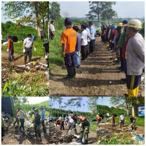 Ciptakan Lingkungan Bersih, Koramil Sutojayan Bersama Warga, DLHK Dan PJT Kab.Blitar Bersihkan Sampah Di Hulu Bendungan Sungai Brantas