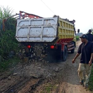Empat Truk Material Batu Maqadam Diturunkan Di Jalan Bertanah Demi Para Petani , Gunung Sahari Mauk.