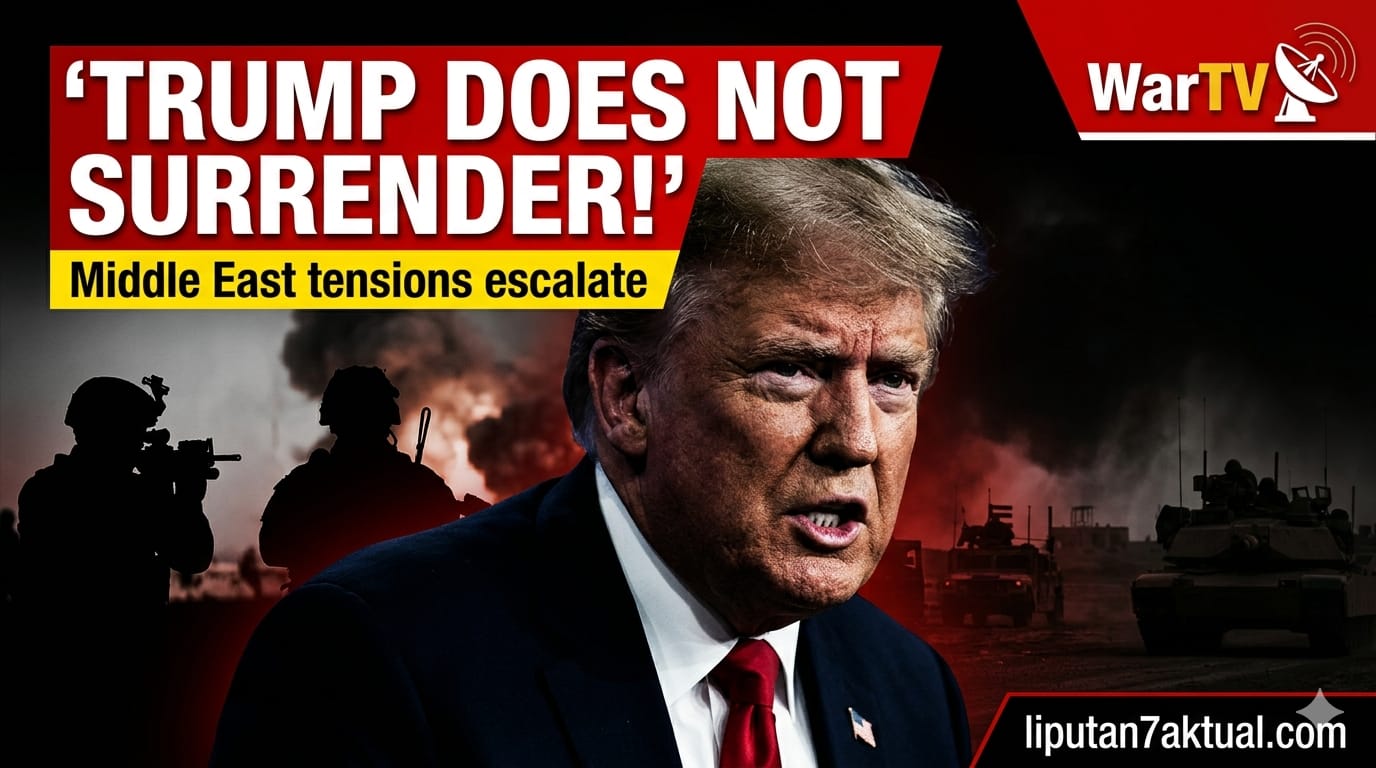 Breaking news image showing Donald Trump in a tense moment, denying surrender claims as geopolitical tensions rise between the United States and Iran, with dramatic war-themed background.