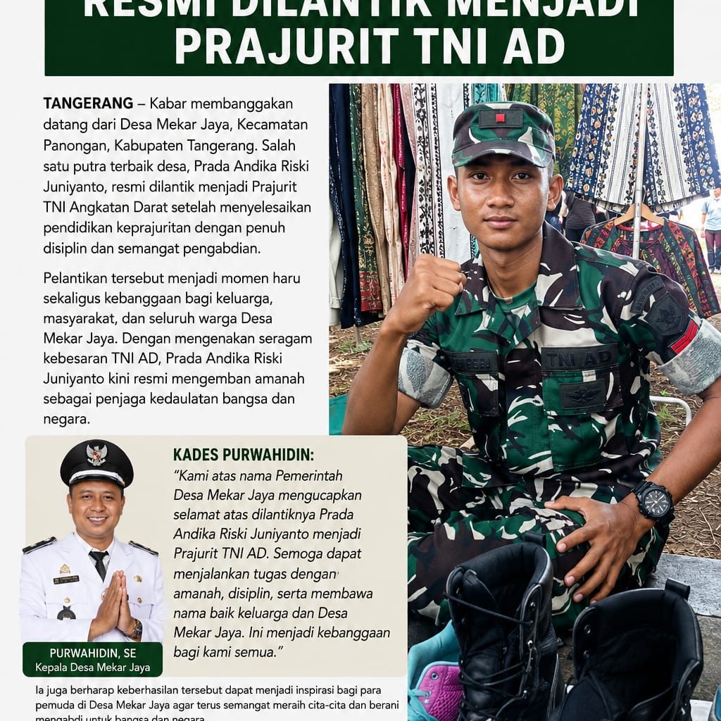PUTRA TERBAIK DESA MEKAR JAYA RESMI DILANTIK MENJADI PRAJURIT TNI AD