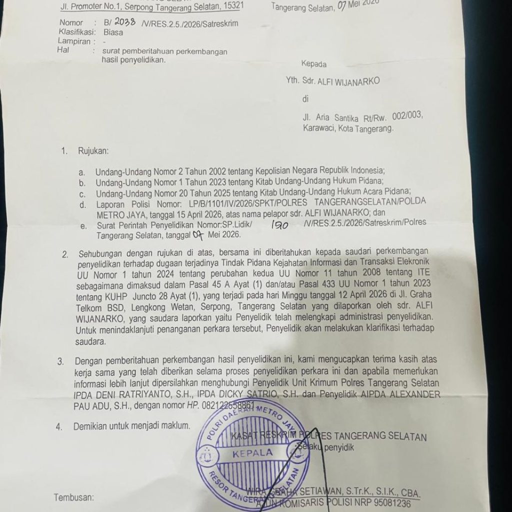 Penanganan Laporan Dugaan ITE di Polres Tangsel Disorot, Pelapor Pertanyakan Progres Perkara